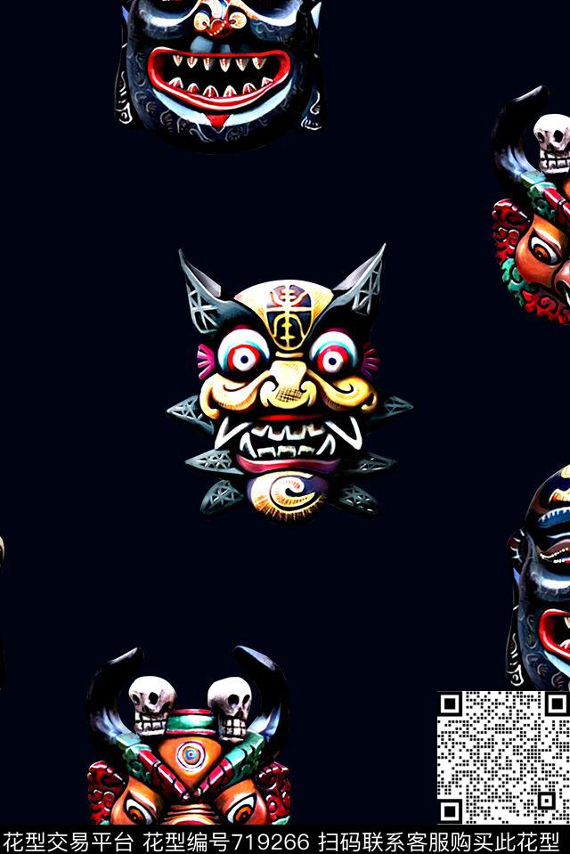 抽象手绘几何鬼脸人物印花时尚潮流男装满版夹克外套卫衣印花欧美复古大牌数码印花数码印花华亿平台下载（图片编号: 719266） - 瓦栏（Walan）