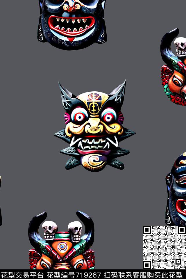 抽象手绘几何鬼脸人物印花时尚潮流男装满版夹克外套卫衣印花欧美复古大牌数码印花数码印花华亿平台下载（图片编号: 719267） - 瓦栏（Walan）