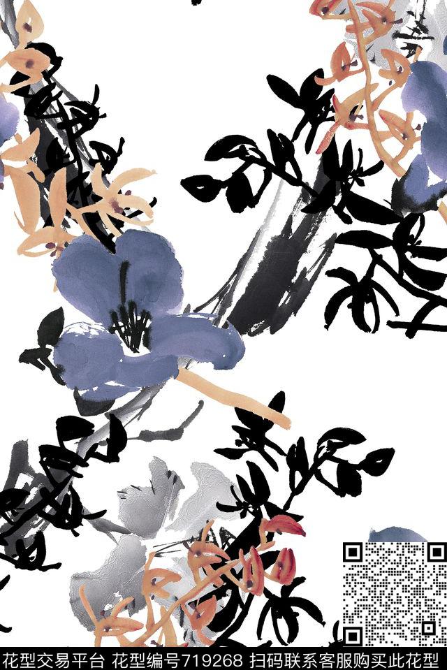 手绘水墨中国风数码印花华亿平台下载（图片编号: 719268） - 瓦栏（Walan）