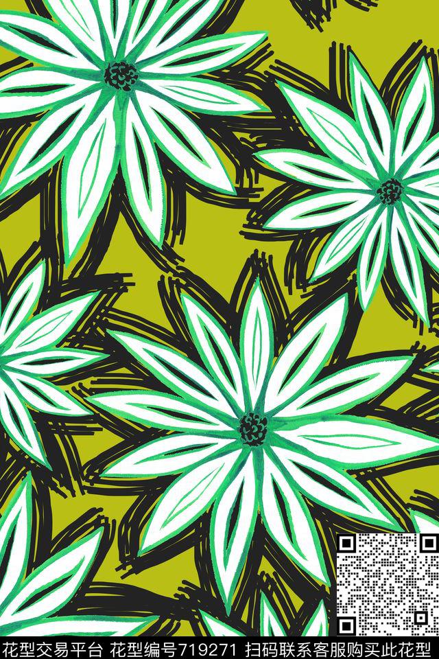 涂鸦风格线条花卉抽象传统印花华亿平台下载（图片编号: 719271） - 瓦栏（Walan）