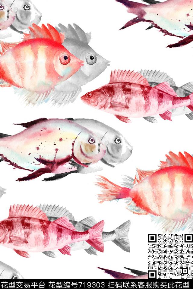 手绘深海鱼艺术数码印花华亿平台下载（图片编号: 719303） - 瓦栏（Walan）