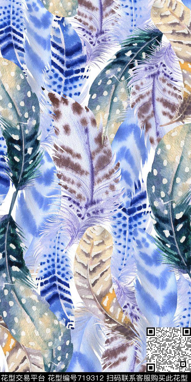 鸟羽毛水彩数码印花华亿平台下载（图片编号: 719312） - 瓦栏（Walan）