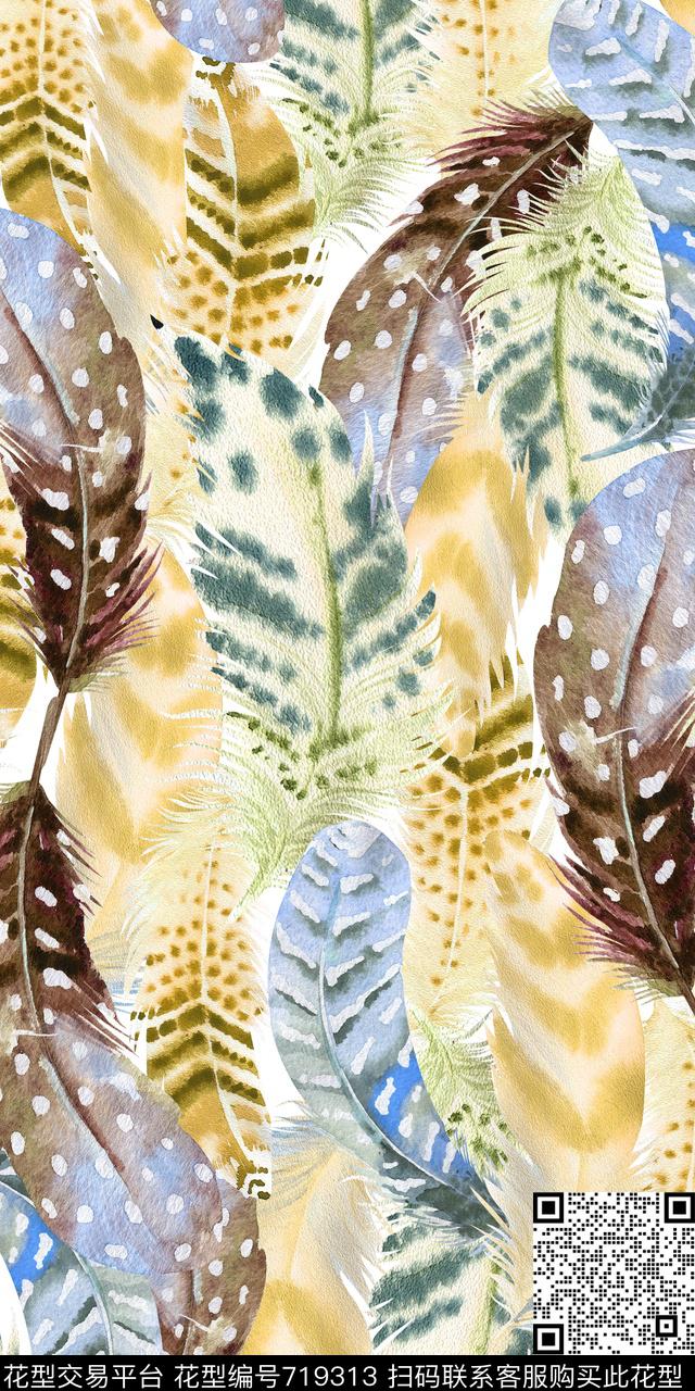 鸟羽毛水彩数码印花华亿平台下载（图片编号: 719313） - 瓦栏（Walan）