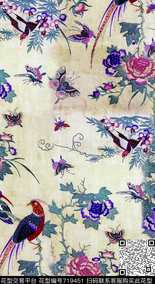 牡丹花鸟循环华亿平台数码印花华亿平台下载（图片编号: 719451） - 瓦栏（Walan）