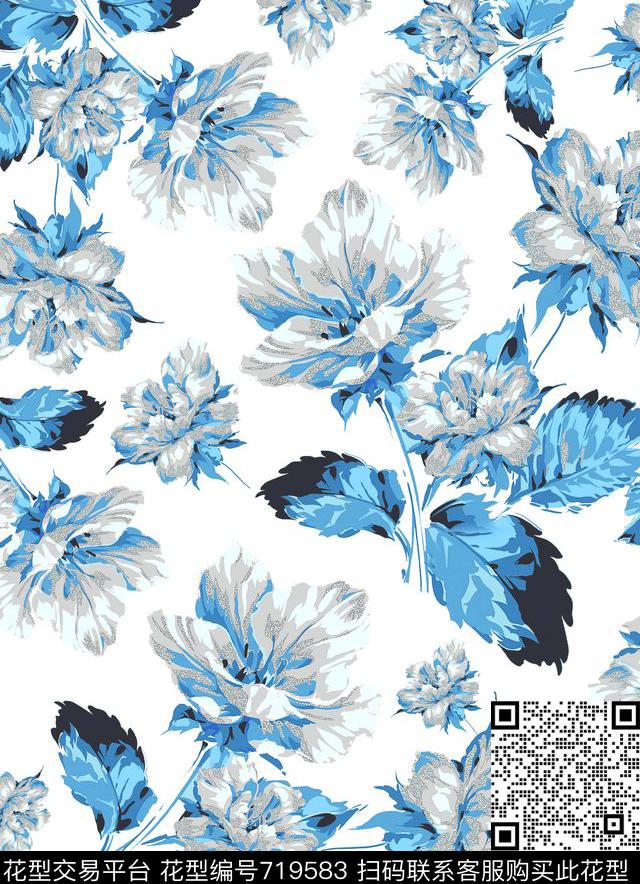 大花花卉手工数码印花华亿平台下载（图片编号: 719583） - 瓦栏（Walan）