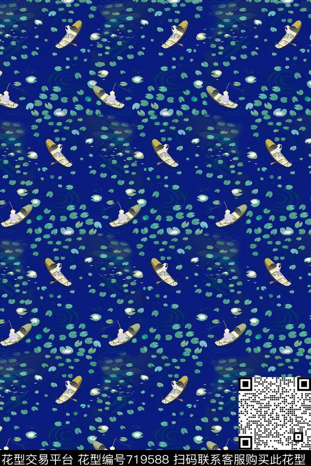 荷花荷叶农民荷塘钓鱼数码印花华亿平台下载（图片编号: 719588） - 瓦栏（Walan）