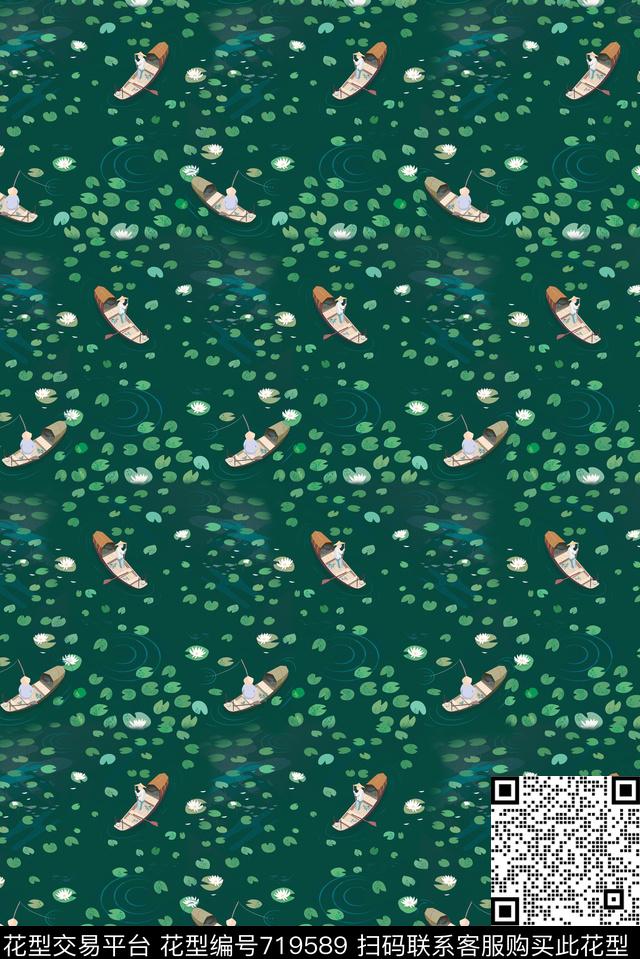 荷花荷叶农民荷塘钓鱼数码印花华亿平台下载（图片编号: 719589） - 瓦栏（Walan）