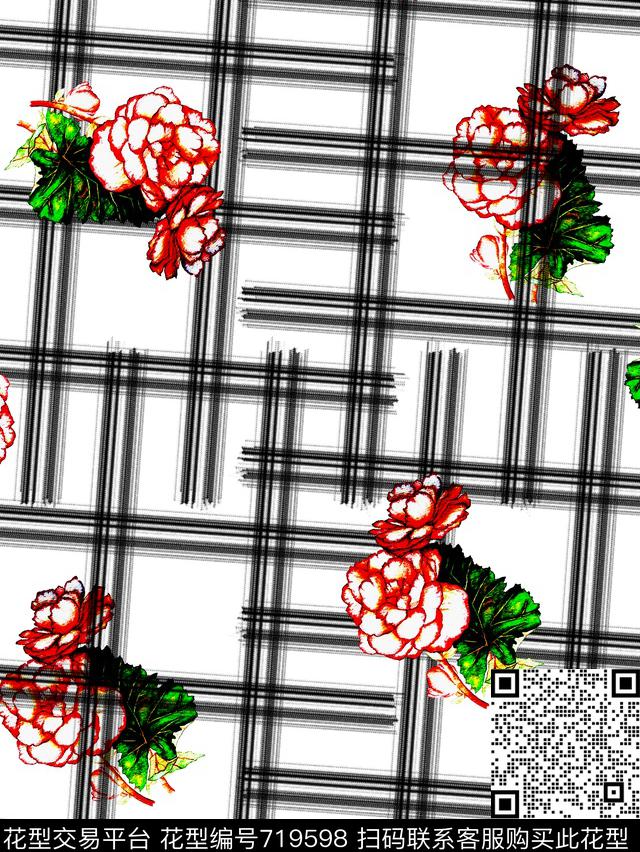 不规则格子几何花卉数码印花华亿平台下载（图片编号: 719598） - 瓦栏（Walan）