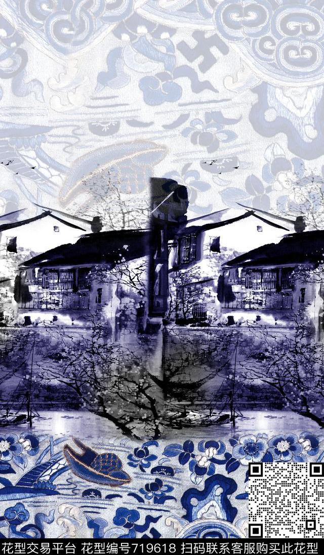 树叶绣花华亿平台中国风数码印花华亿平台下载（图片编号: 719618） - 瓦栏（Walan）