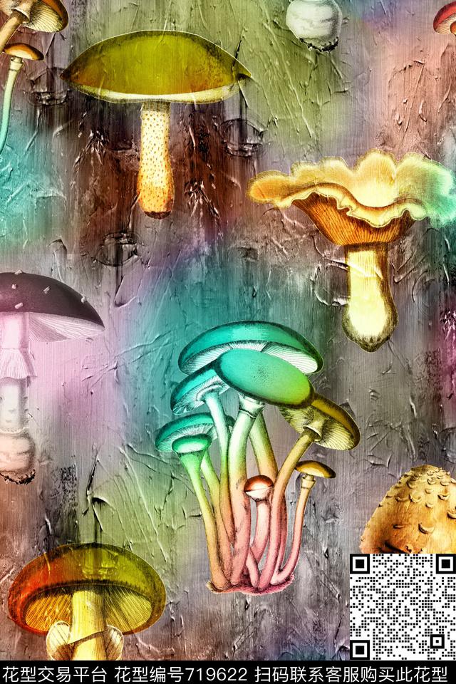 抽象手绘蘑菇数码印花华亿平台下载（图片编号: 719622） - 瓦栏（Walan）