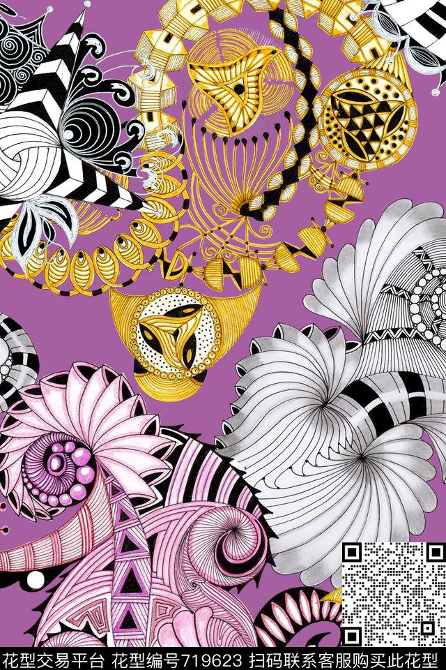 时尚手绘几何数码印花华亿平台下载（图片编号: 719623） - 瓦栏（Walan）