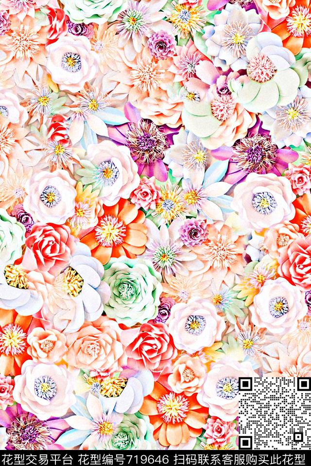 抽象手绘清爽花卉印花时尚潮流女装花朵印花春夏柔和泳装满版花卉印花数码印花华亿平台下载（图片编号: 719646） - 瓦栏（Walan）