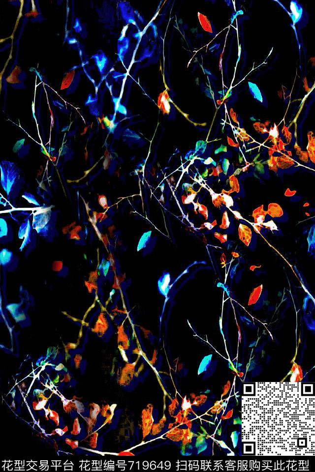枝叶光影黑底数码印花华亿平台下载（图片编号: 719649） - 瓦栏（Walan）