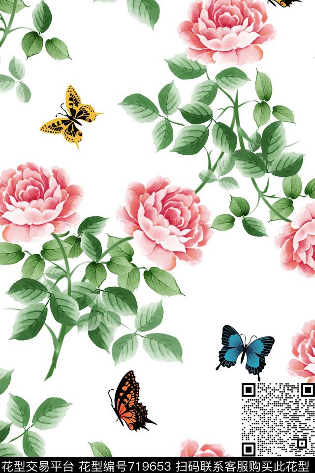 玫瑰花卉蝴蝶数码印花华亿平台下载（图片编号: 719653） - 瓦栏（Walan）