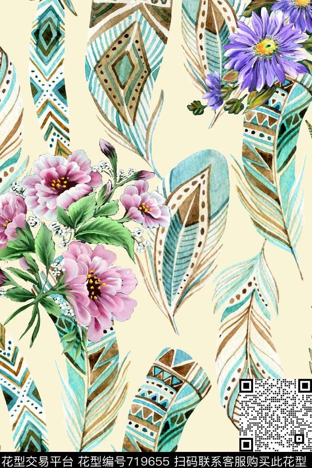 羽毛花卉几何数码印花华亿平台下载（图片编号: 719655） - 瓦栏（Walan）
