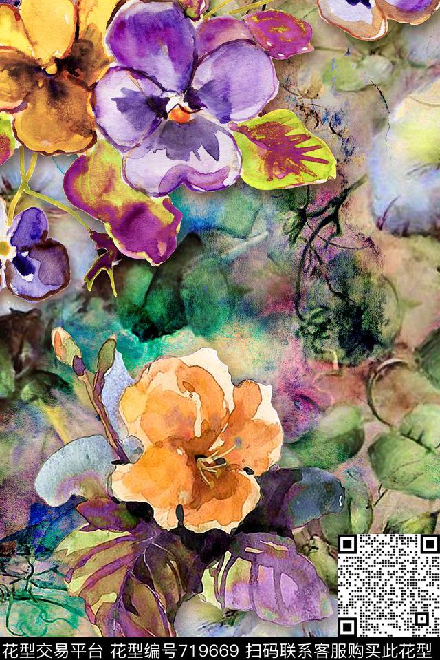 时尚水彩花卉数码印花华亿平台下载（图片编号: 719669） - 瓦栏（Walan）