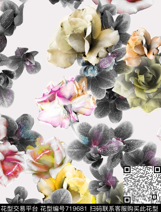 花卉玫瑰兰花淡雅欧美风数码印花华亿平台下载（图片编号: 719681） - 瓦栏（Walan）