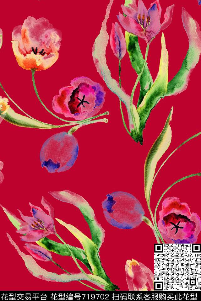 手绘花草花卉数码印花华亿平台下载（图片编号: 719702） - 瓦栏（Walan）