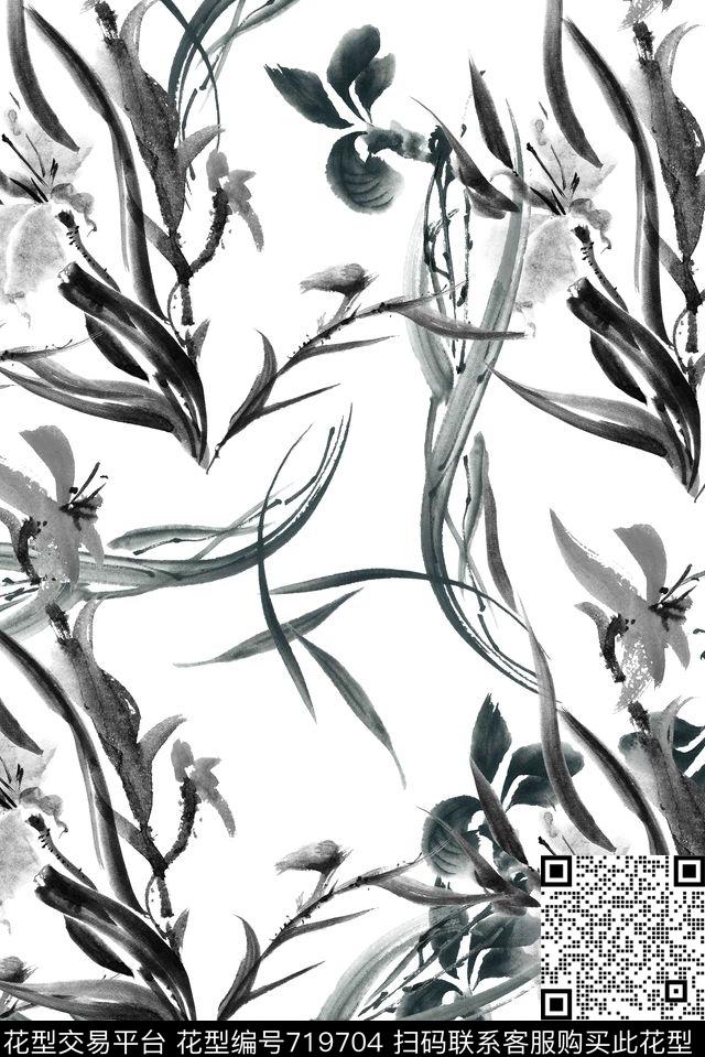 水墨花卉兰花数码印花华亿平台下载（图片编号: 719704） - 瓦栏（Walan）