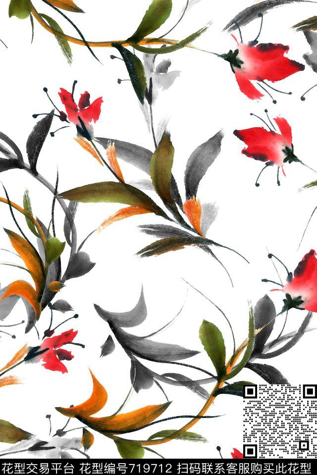 水墨花卉兰花数码印花华亿平台下载（图片编号: 719712） - 瓦栏（Walan）
