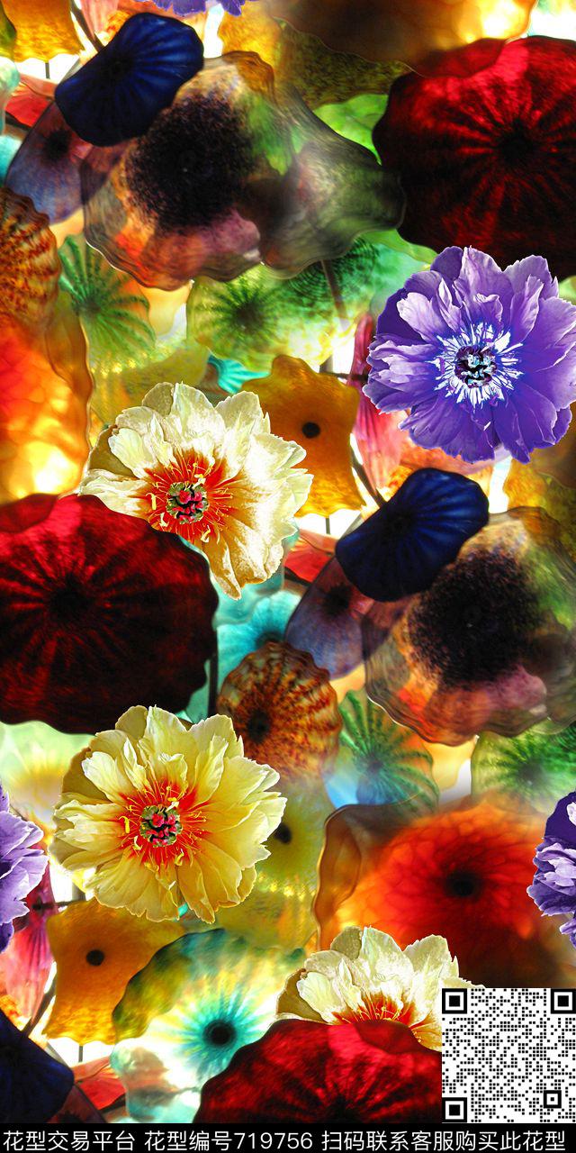 抽象花卉花卉荷叶数码印花华亿平台下载（图片编号: 719756） - 瓦栏（Walan）