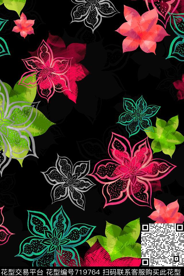 艺术花卉风格化花卉手绘笔触数码印花华亿平台下载（图片编号: 719764） - 瓦栏（Walan）