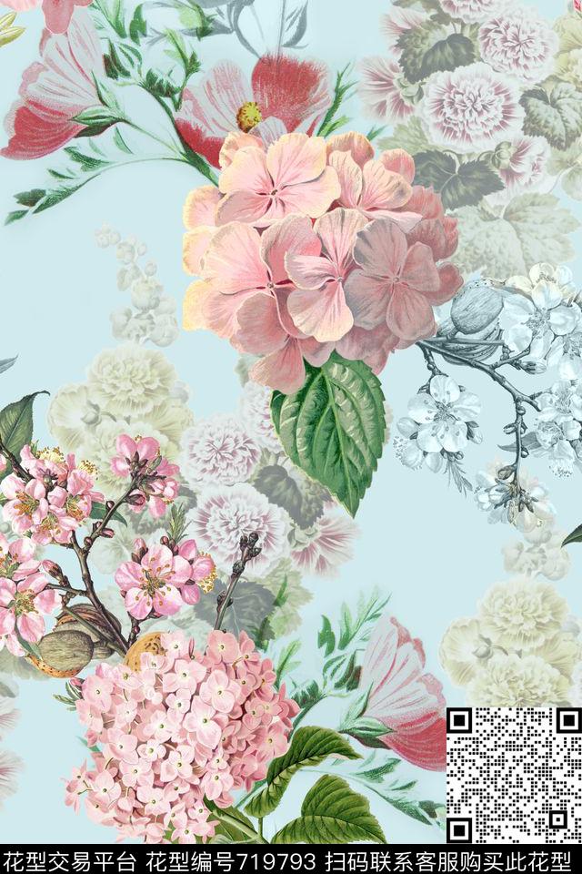 素描花卉绣球花素雅花卉数码印花华亿平台下载（图片编号: 719793） - 瓦栏（Walan）