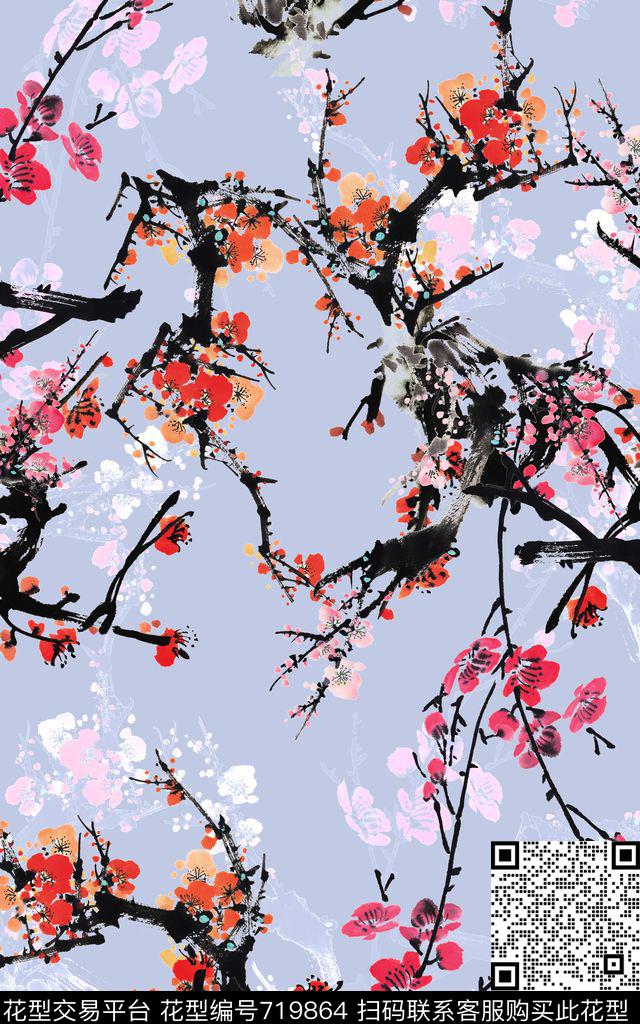 中国风花卉花朵水墨国画数码印花华亿平台下载（图片编号: 719864） - 瓦栏（Walan）