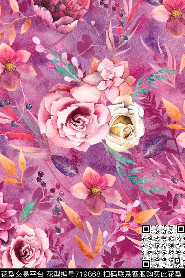 inkwatercolorflowers数码印花华亿平台下载（图片编号: 719868） - 瓦栏（Walan）