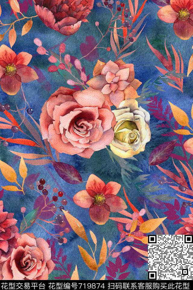 inkwatercolorflowers数码印花华亿平台下载（图片编号: 719874） - 瓦栏（Walan）