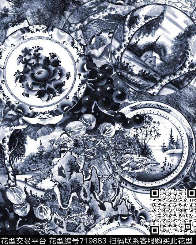 素雅中国风水墨数码印花华亿平台下载（图片编号: 719883） - 瓦栏（Walan）