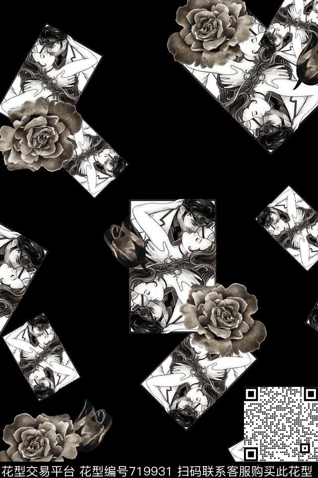 纹理拼块花卉复古人头像数码印花华亿平台下载（图片编号: 719931） - 瓦栏（Walan）