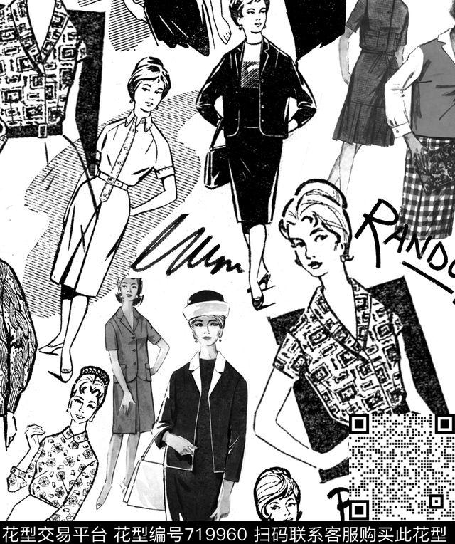 复古女人黑白传统印花华亿平台下载（图片编号: 719960） - 瓦栏（Walan）