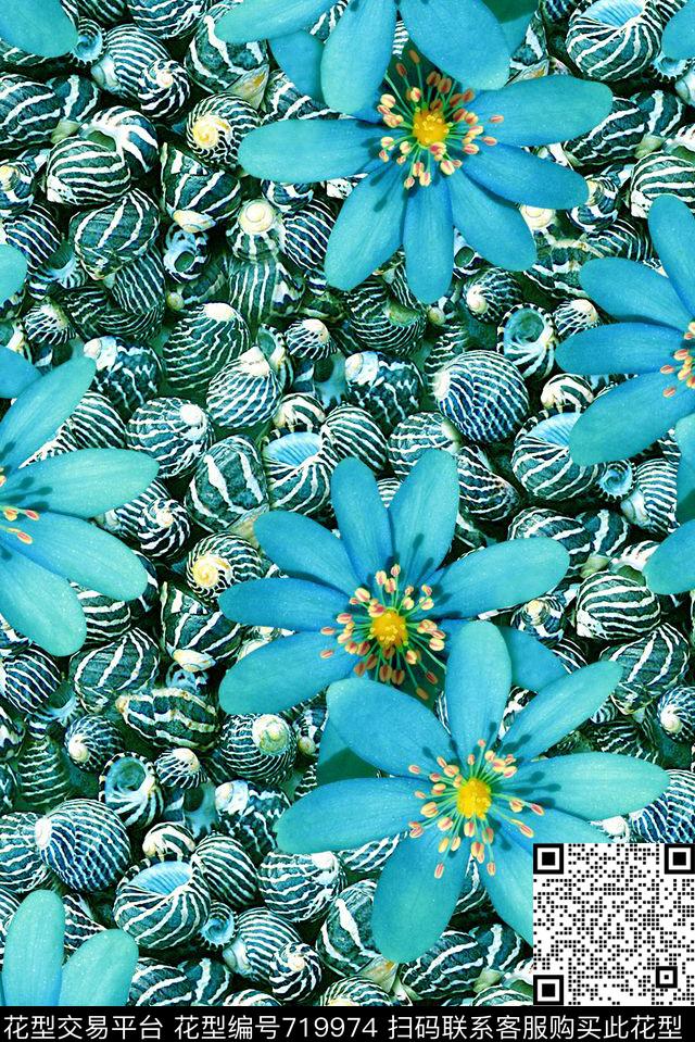 抽象手绘水彩花卉花朵数码印花时尚潮流女装裙子满版贝壳印花欧美女装外套印花数码印花华亿平台下载（图片编号: 719974） - 瓦栏（Walan）