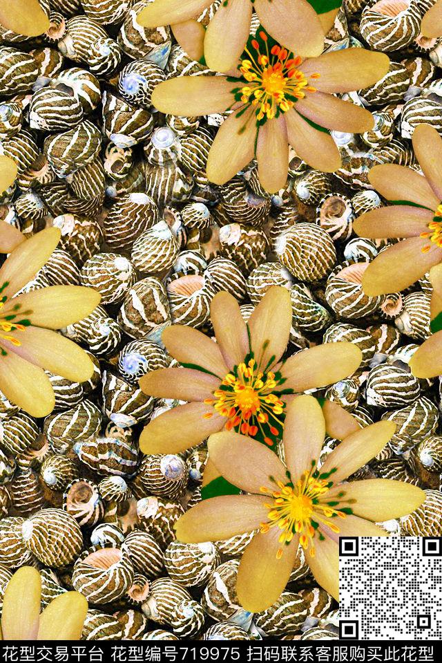 抽象手绘水彩花卉花朵数码印花时尚潮流女装裙子满版贝壳印花欧美女装外套印花数码印花华亿平台下载（图片编号: 719975） - 瓦栏（Walan）