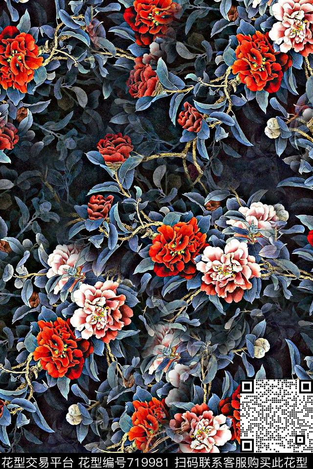 抽象手绘中国风水墨画花卉牡丹花数码印花时尚潮流女装裙子旗袍纹理印花彩绘油画水彩画复古印花数码印花华亿平台下载（图片编号: 719981） - 瓦栏（Walan）