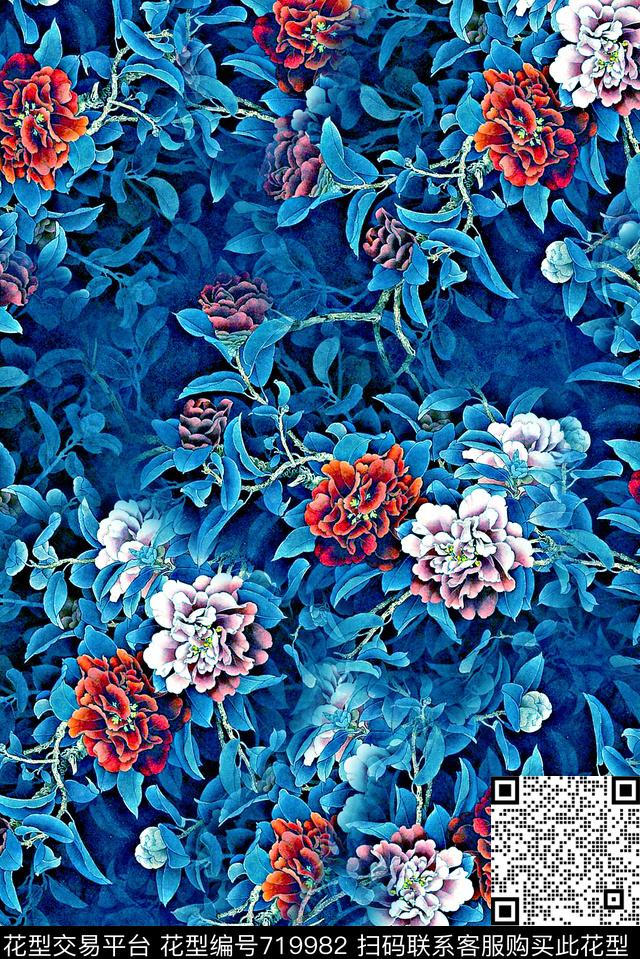 抽象手绘中国风水墨画花卉牡丹花数码印花时尚潮流女装裙子旗袍纹理印花彩绘油画水彩画复古印花数码印花华亿平台下载（图片编号: 719982） - 瓦栏（Walan）