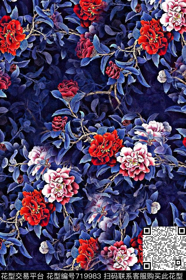 抽象手绘中国风水墨画花卉牡丹花数码印花时尚潮流女装裙子旗袍纹理印花彩绘油画水彩画复古印花数码印花华亿平台下载（图片编号: 719983） - 瓦栏（Walan）