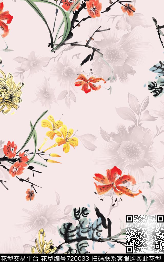 水墨国画中国风花卉数码印花华亿平台下载（图片编号: 720033） - 瓦栏（Walan）