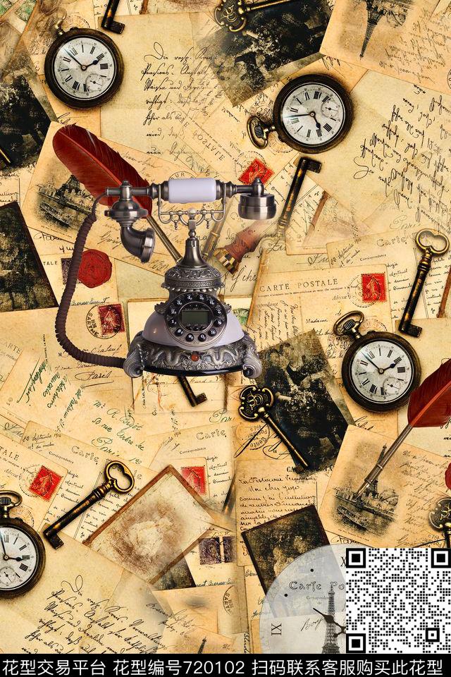 欧式物件时钟复古电话钥匙复古欧式元素数码印花华亿平台下载（图片编号: 720102） - 瓦栏（Walan）