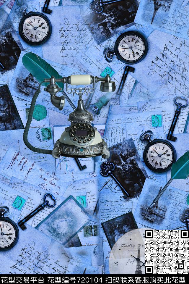 欧式物件时钟复古电话钥匙复古欧式元素数码印花华亿平台下载（图片编号: 720104） - 瓦栏（Walan）