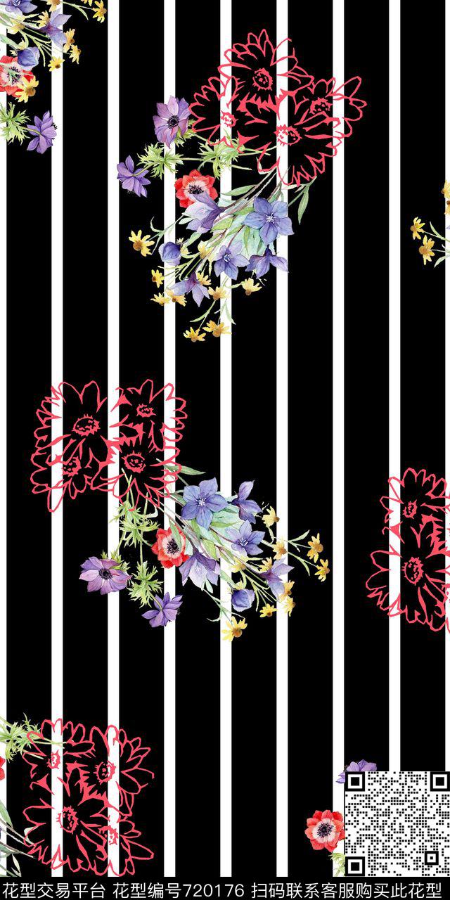 手绘花卉复古条纹数码印花华亿平台下载（图片编号: 720176） - 瓦栏（Walan）