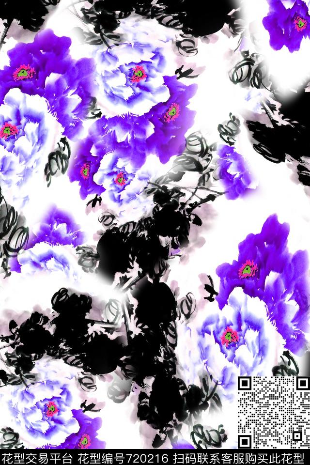 水墨中国风花卉数码印花华亿平台下载（图片编号: 720216） - 瓦栏（Walan）