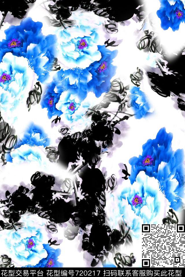 水墨中国风花卉数码印花华亿平台下载（图片编号: 720217） - 瓦栏（Walan）