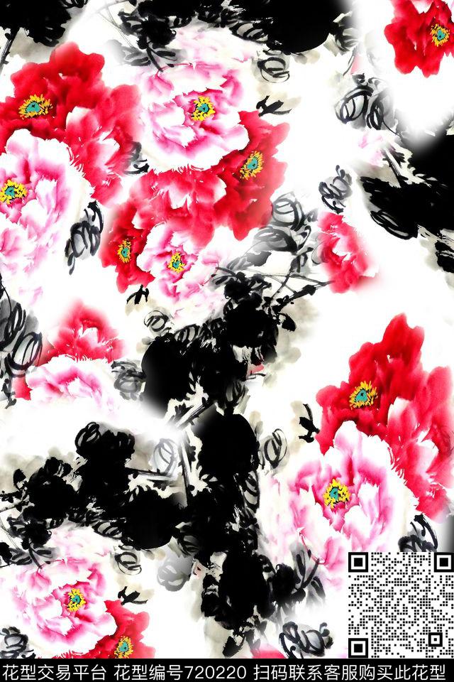 水墨中国风花卉数码印花华亿平台下载（图片编号: 720220） - 瓦栏（Walan）