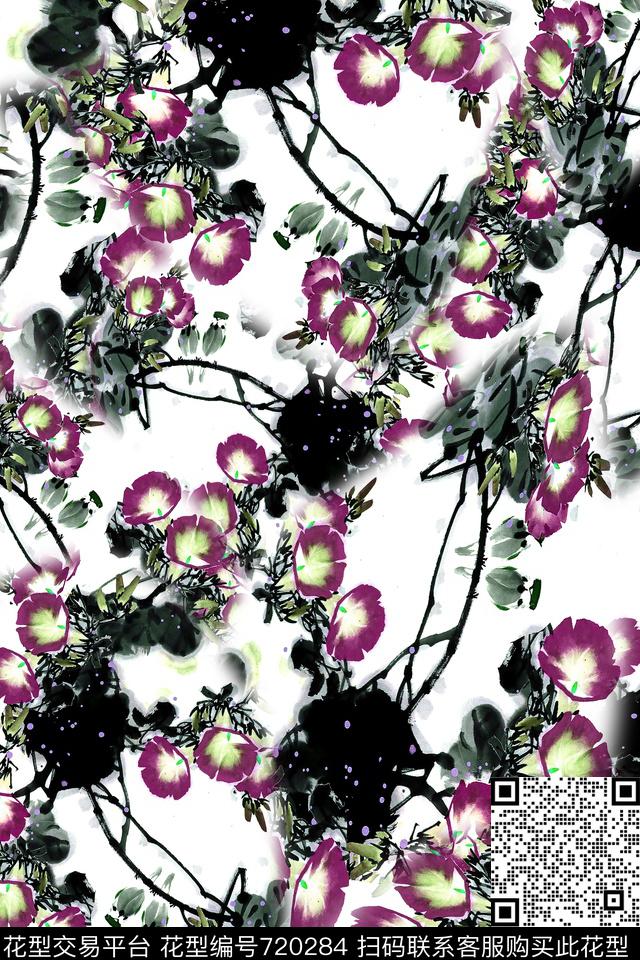 水墨中国风花卉数码印花华亿平台下载（图片编号: 720284） - 瓦栏（Walan）