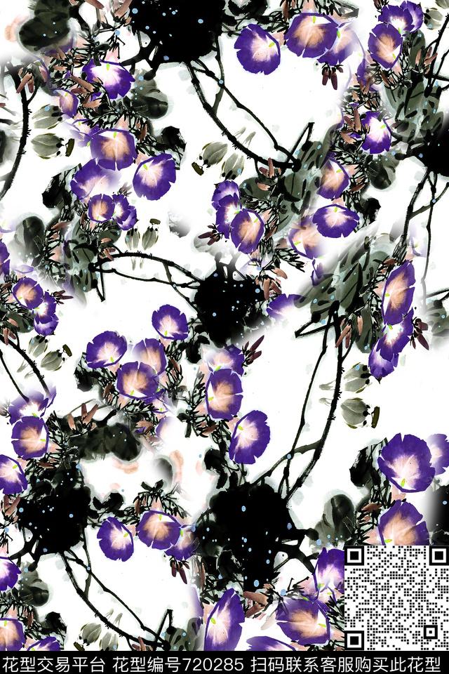 水墨中国风花卉数码印花华亿平台下载（图片编号: 720285） - 瓦栏（Walan）