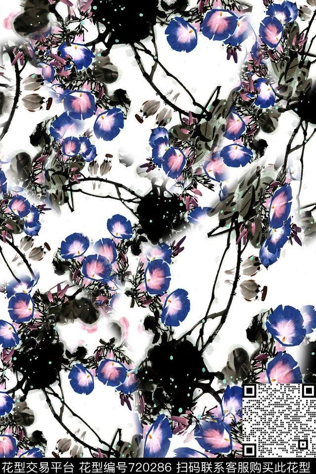 水墨中国风花卉数码印花华亿平台下载（图片编号: 720286） - 瓦栏（Walan）