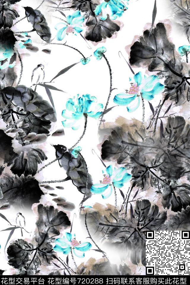 水墨中国风花卉数码印花华亿平台下载（图片编号: 720288） - 瓦栏（Walan）