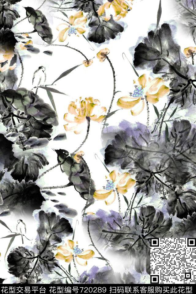 水墨中国风花卉数码印花华亿平台下载（图片编号: 720289） - 瓦栏（Walan）